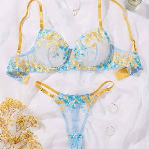 Lingerie in Stile Francese con Ricamo Floreale per Donna Maglia Azzurra Reggiseno Sexy e Tanga Intimo