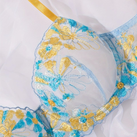 Lingerie in Stile Francese con Ricamo Floreale per Donna Maglia Azzurra Reggiseno Sexy e Tanga Intimo