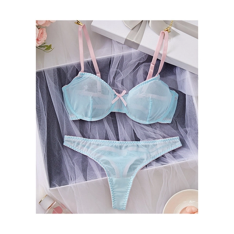 Lingerie Sexy da Donna in Mesh Patchwork Rosa Azzurro Colore a Contrasto Reggiseno Con Ferretto E Perizoma Dolce Intimo