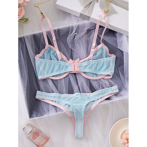 Lingerie Sexy da Donna in Mesh Patchwork Rosa Azzurro Colore a Contrasto Reggiseno Con Ferretto E Perizoma Dolce Intimo