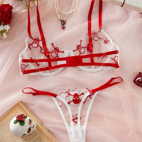 Sexy Set di Biancheria Intima in Rete Bianca con Ricamo di Teschio Rosso Reggiseno Trasparente e Perizoma Gothic Halloween