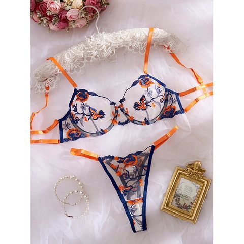Women Sexy Lingerie Floral Embroidery Underwire Mesh Bra And Thong Contrast Color Contrast Lace Lingerie Nightwear