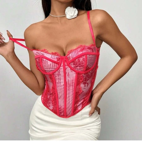 Corsé Vintage para Mujer Estampado de Periódico Ribete de Encaje Varillas Sexy Sin Espalda Camisola Bustier para Clubwear