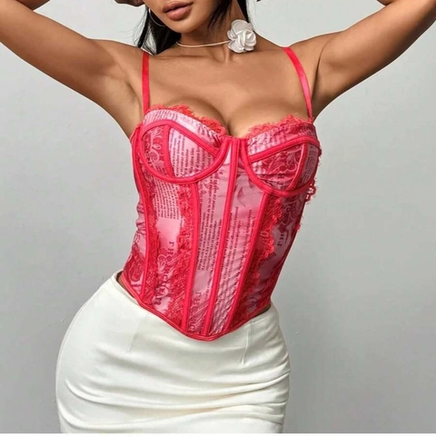 Corsé Vintage para Mujer Estampado de Periódico Ribete de Encaje Varillas Sexy Sin Espalda Camisola Bustier para Clubwear
