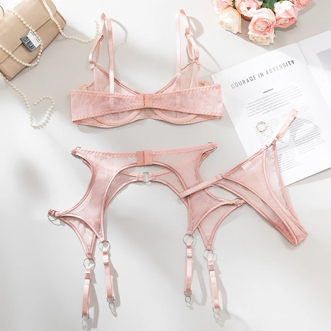 Conjunto de Lencería de Malla Transparente Sexy para Mujer Sujetador con Aros Y Liguero Y Tanga Color Sólido Anillo de Metal Ropa de Dormir