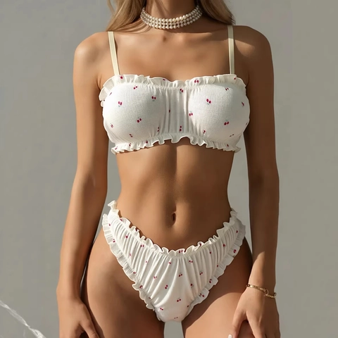 Set Reggiseno da Donna Stile Pastorale con Stampa a Ciliegia Tessuto a Costine Volant Dolce Sottile Due Pezzi Lingerie