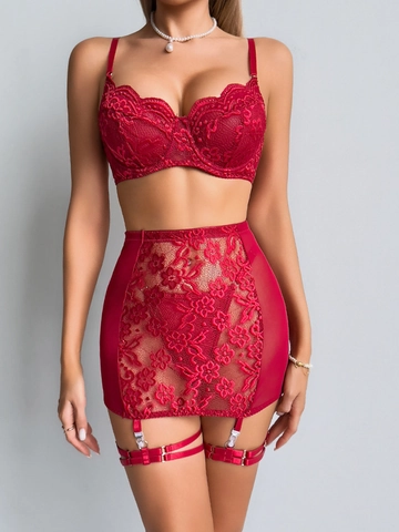Ensemble Lingerie Sexy en Dentelle pour Femmes Soutien-Gorge à Armatures Jupe Porte-Jarretelles et String Mesh Floral Party