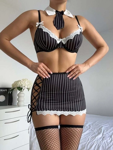 Sexy Gestreifte Damen Dessous Uniform Outfit Mit Spitzen-BH Rock Mit Schnürung Kragen Krawatte Und Netzstrumpfhose