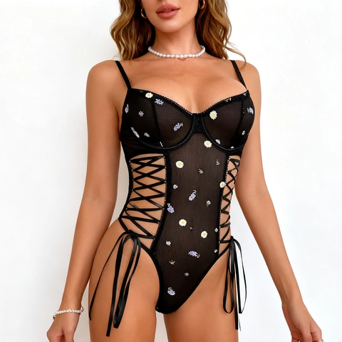 Body Sexy de Malla con Bordado Floral para Mujer Con Aros Cordones Laterales Tirantes Spaghetti Corte Alto Lencería