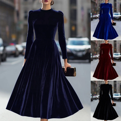 Elegantes Damen Samt Maxikleid Langarm Einfarbig Rundhalsausschnitt Puffärmel Hohe Taille Plissiert Großer Saum Abendkleid