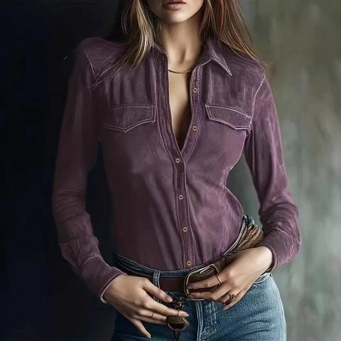 Dames Imitatiesuède Shirt Lange Mouwen Polokraag Slim Fit Effen Kleur Casual Blouse Met Borstzakken
