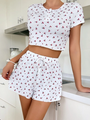 Damen Kirschdruck Gerippter Schlafanzug Kurzarm Knopf Crop Top Und Kordelzug Shorts Lässige Loungewear Nachtwäsche Hauskleidung