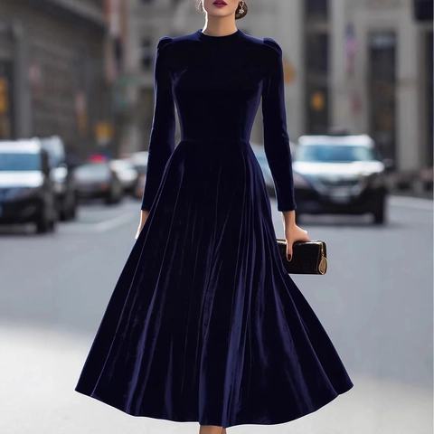 Elegantes Damen Samt Maxikleid Langarm Einfarbig Rundhalsausschnitt Puffärmel Hohe Taille Plissiert Großer Saum Abendkleid