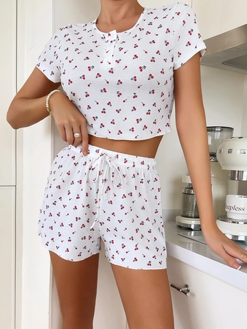 Damen Kirschdruck Gerippter Schlafanzug Kurzarm Knopf Crop Top Und Kordelzug Shorts Lässige Loungewear Nachtwäsche Hauskleidung