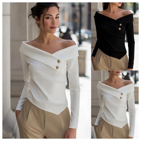Eleganter Schulterfreier Langarm Strickpullover Für Damen Einfarbig Schlanke Passform Pullover Top Mit Dekorativen Goldknöpfen