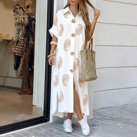 Damen Blumenmuster Hemdkleid Kurzarm Revers Einreihig Midi A-Linie Kleid Urlaub Casual Mode Trendy Kleid