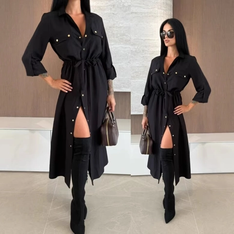Damen Casual Einfarbig Langarm Hemdkleid Mit Knöpfen Kordelzug Taille Midi Kleid Mit Taschen Schlitz Fashion Outfit