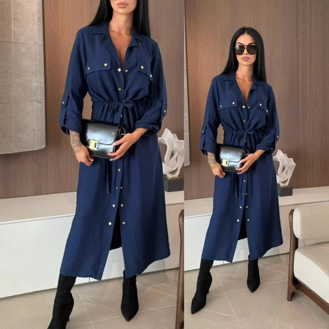 Damen Casual Einfarbig Langarm Hemdkleid Mit Knöpfen Kordelzug Taille Midi Kleid Mit Taschen Schlitz Fashion Outfit