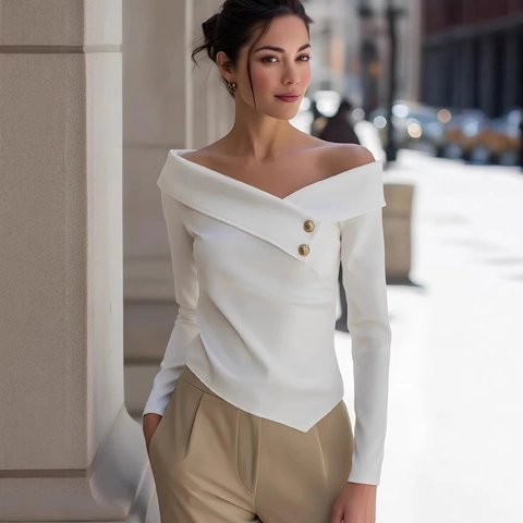 Eleganter Schulterfreier Langarm Strickpullover Für Damen Einfarbig Schlanke Passform Pullover Top Mit Dekorativen Goldknöpfen