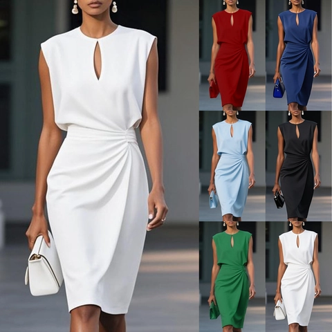 Women's Elegant Sleeveless Keyhole Midi Dress Ruched Waist Solid Color Slim Fit Commute Round Neck Sheath Dress