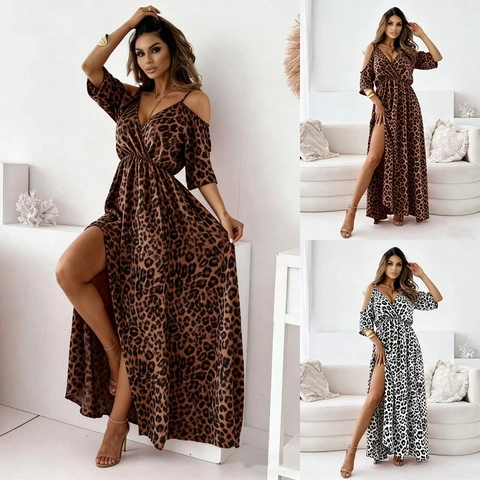 Sexy Leopardenmuster V-Ausschnitt Cold Shoulder Midi Kleid Mit Hohem Schlitz Taille Damen Sommerurlaub Streetwear Kleidung