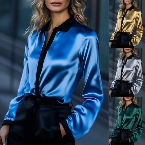 Vrouwen Elegante Satijn Kleurblok Overhemd Lange Mouw Button Down Blouse Kantoor Woon-werkverkeer Normale Pasvorm Tops