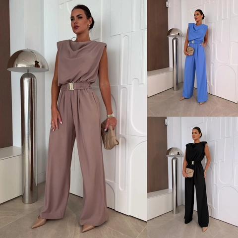 Women Cowl Neck Sleeveless Jumpsuit Wide Leg Pants With Metallic Buckle Belt Shoulder Pads Solid Color Casual Elegant Outfit
