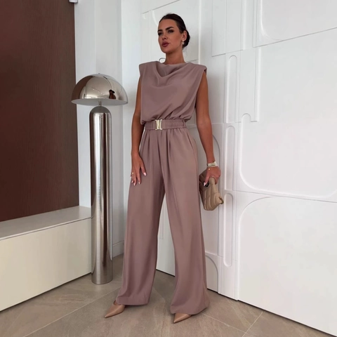 Women Cowl Neck Sleeveless Jumpsuit Wide Leg Pants With Metallic Buckle Belt Shoulder Pads Solid Color Casual Elegant Outfit