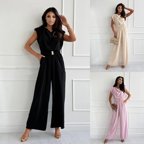 Women's Elegant Sleeveless Cowl Neck Wide Leg Jumpsuit Polyester Solid Color High Waist Belted Office Party One Piece Jumpsuit