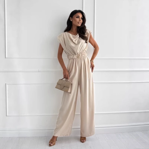 Women's Elegant Sleeveless Cowl Neck Wide Leg Jumpsuit Polyester Solid Color High Waist Belted Office Party One Piece Jumpsuit