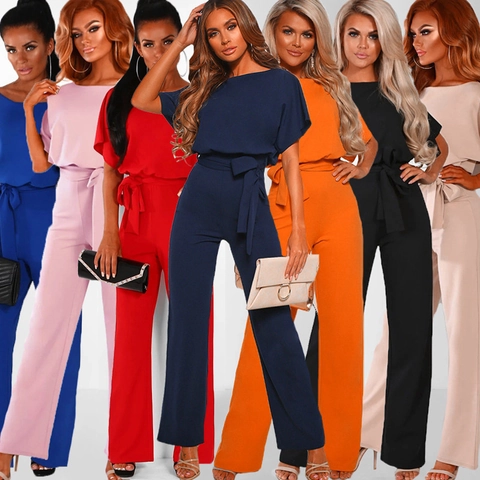 Women's Summer Short Sleeve Wide Leg Jumpsuit Polyester Cotton Blend Lace-up Back Keyhole Solid Color Elegant Long Romper