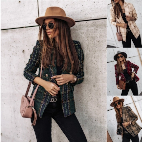 Women Plaid Tweed Blazer Jacket Vintage Lapel Single Breasted Long Sleeve Streetwear Office Outerwear Elegant Button Coat