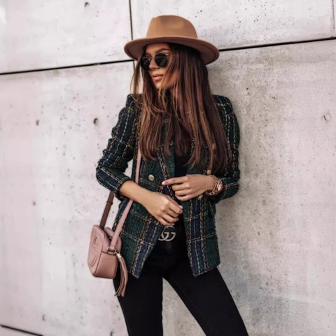 Women Plaid Tweed Blazer Jacket Vintage Lapel Single Breasted Long Sleeve Streetwear Office Outerwear Elegant Button Coat