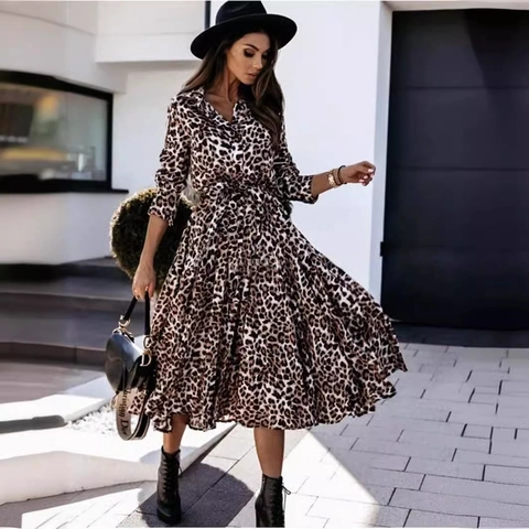 Women's Casual Leopard Print Long Sleeve Midi Dress V-Neck Shirt Dress With Belt For Autumn Streetwear Fashion Outfit