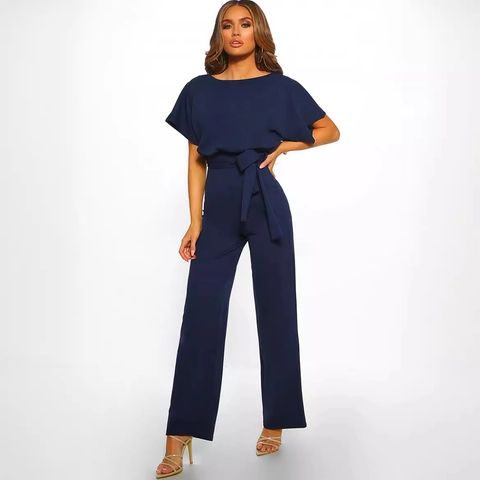 Women's Summer Short Sleeve Wide Leg Jumpsuit Polyester Cotton Blend Lace-up Back Keyhole Solid Color Elegant Long Romper