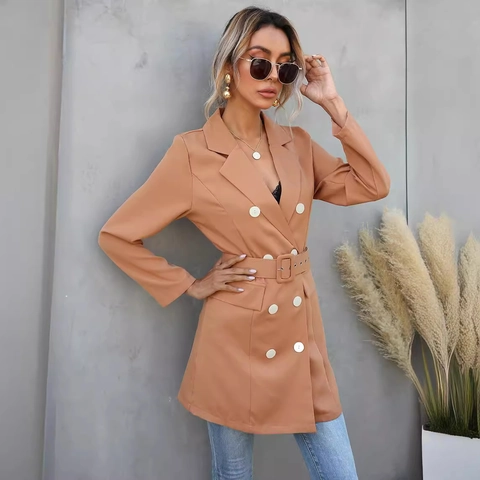Dames Double-breasted Revers Blazer Jas Halflange Riem Jas Met Witte Contrastknopen Voor Kantoor Street Fashion