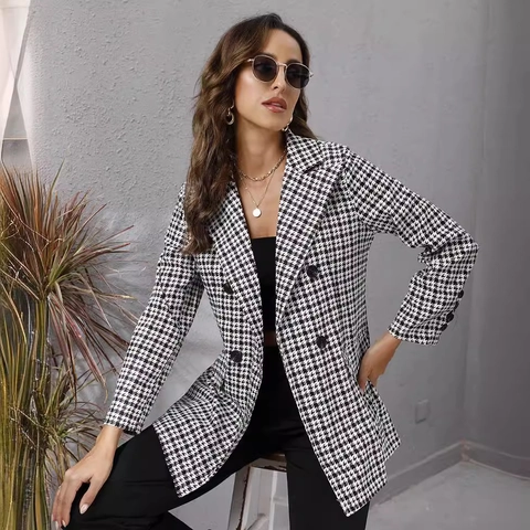 Dames Casual Hahnentritt Blazer Jas Double-breasted Revers Lange Mouwen Middellange Polyester Katoenmix Pak Bovenkleding