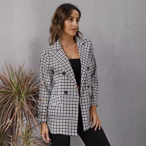 Dames Casual Hahnentritt Blazer Jas Double-breasted Revers Lange Mouwen Middellange Polyester Katoenmix Pak Bovenkleding