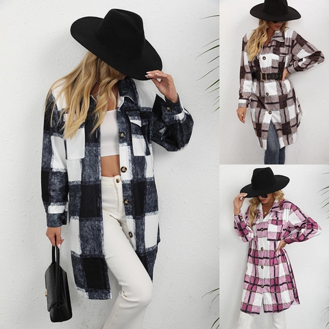 Giacca Camicia a Quadri da Donna Casual Manica Lunga Monopetto Colletto a Revers Giacca Oversize con Tasche Streetwear Cappotto