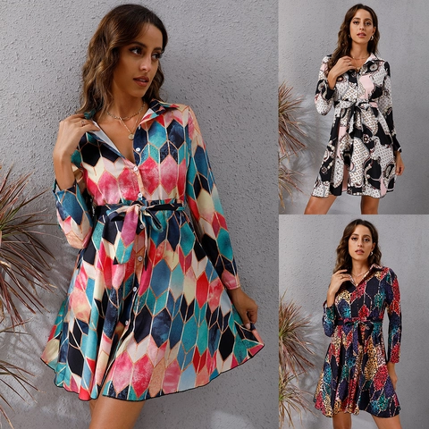 Damen Geometrisches Druck Hemdkleid Langarm Revers Einreihig Gegürtet Midi Kleid Leoparden Kette Muster Casual Party Mode