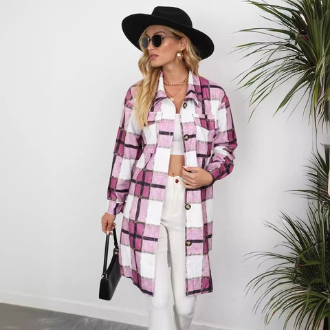 Giacca Camicia a Quadri da Donna Casual Manica Lunga Monopetto Colletto a Revers Giacca Oversize con Tasche Streetwear Cappotto