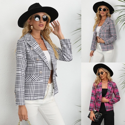 Dames Casual Ruitjes Blazer Double Breasted Revers Lange Mouw Jasje Kantoor Business Smart Casual Bovenkleding