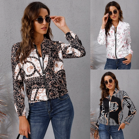 Veste Bomber à Imprimé Mode pour Femme Col Montant Fermeture Éclair Manches Longues Légère Coupe Ajustée Motif Floral Baroque