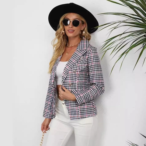 Dames Casual Ruitjes Blazer Double Breasted Revers Lange Mouw Jasje Kantoor Business Smart Casual Bovenkleding