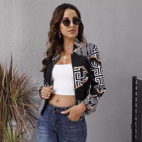 Veste Bomber à Imprimé Mode pour Femme Col Montant Fermeture Éclair Manches Longues Légère Coupe Ajustée Motif Floral Baroque