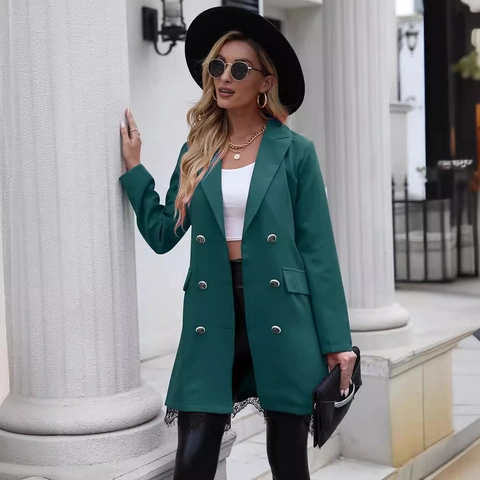 Dames Halflang Double Breasted Blazer Jas Met Kant Patchwork Zilveren Knoppen Effen Kleur Slim Fit Mode Kantoor Outerwear