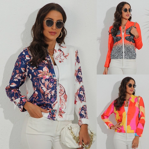 Damen Casual Bedruckte Bomberjacke Slim Fit Reißverschluss Blumen Leopardenmuster Stehkragen Langarm Leichte Jacke Mantel