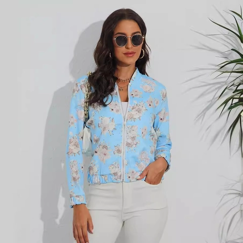 Damen Casual Bedruckte Bomberjacke Slim Fit Reißverschluss Blumen Leopardenmuster Stehkragen Langarm Leichte Jacke Mantel