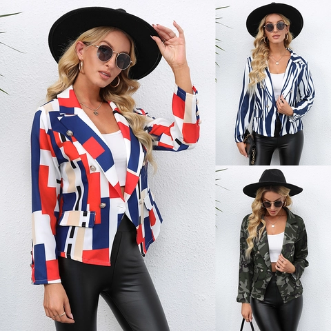 Women Slim Fit Printed Blazer Long Sleeve Lapel Suit Jacket Geometric Baroque Zebra Camouflage Fashion Casual Outerwear