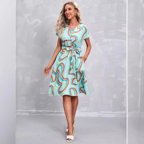 Robe Midi Femme Élégante à Col en V et Manches Courtes Imprimé Abstrait à Vagues Avec Ceinture Simple Boutonnage Robe d'Été